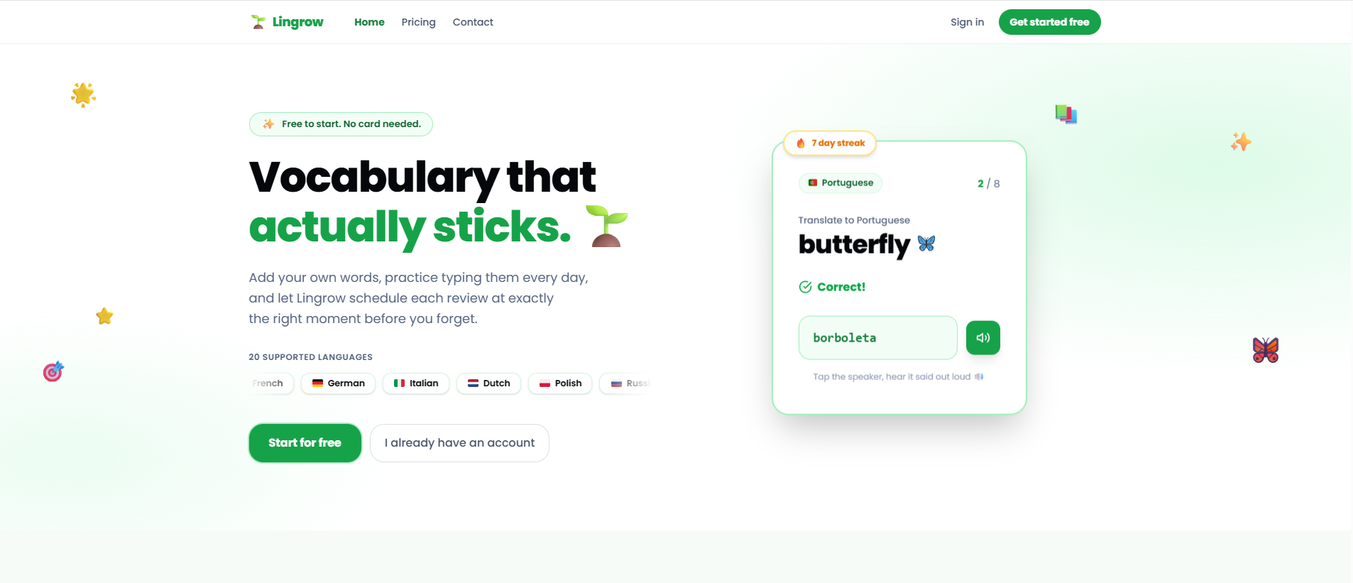 Lingrow landing page, vocabulary that actually sticks