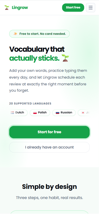 Lingrow landing page on mobile