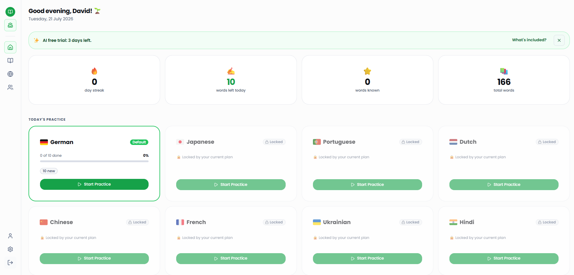 Lingrow student dashboard with practice languages