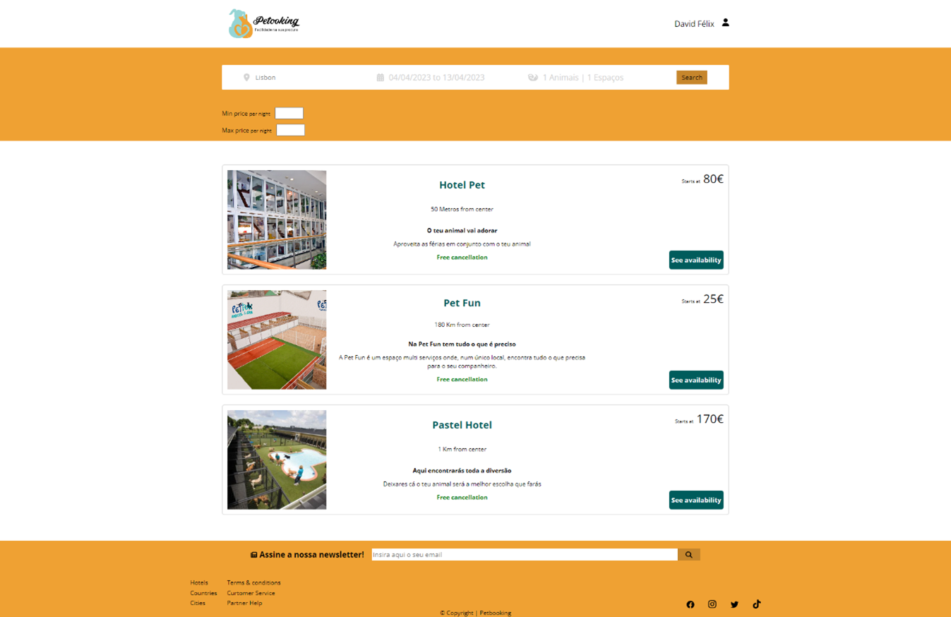 Petooking search results listing pet friendly hotels