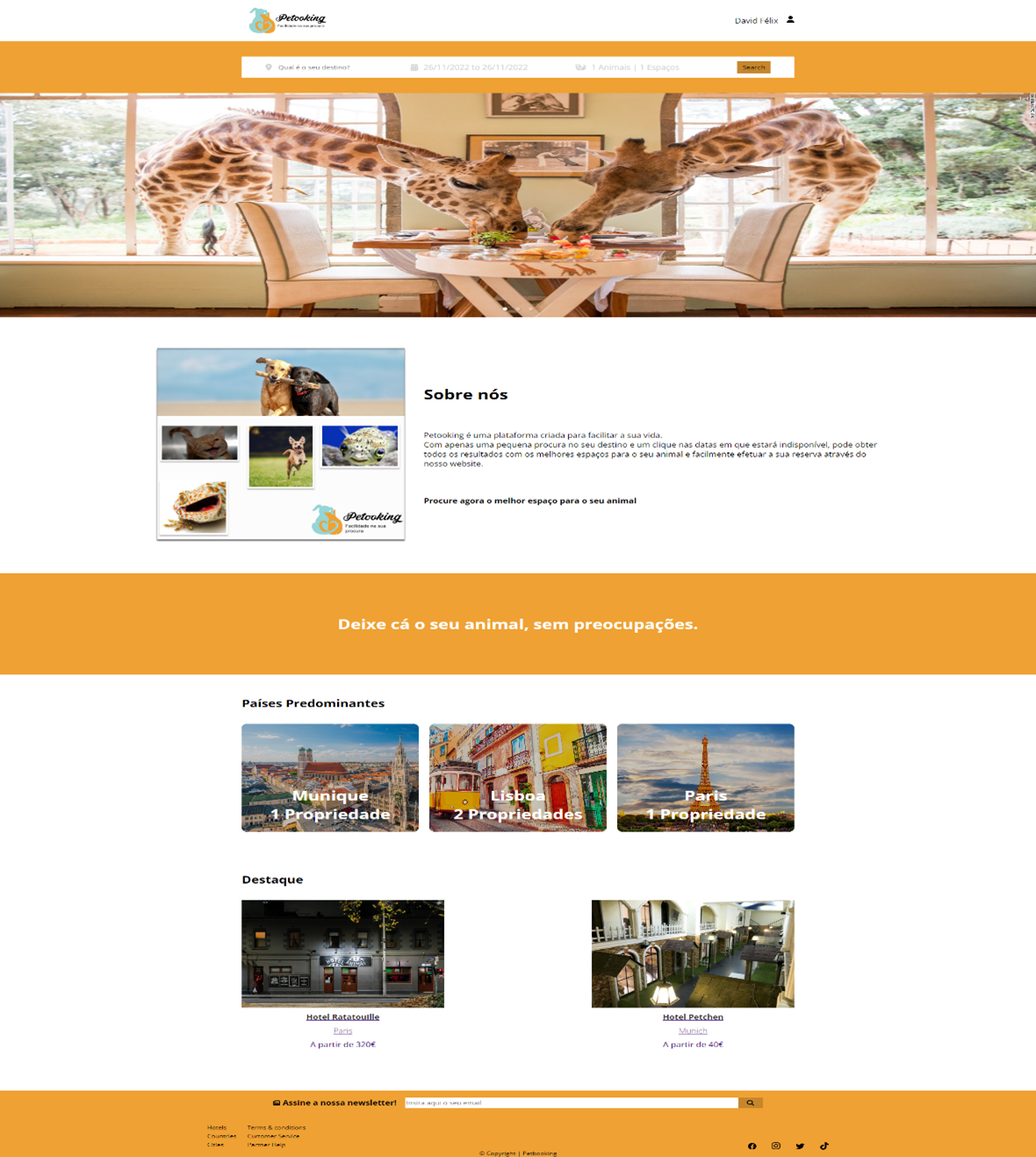Petooking homepage with search and featured hotels