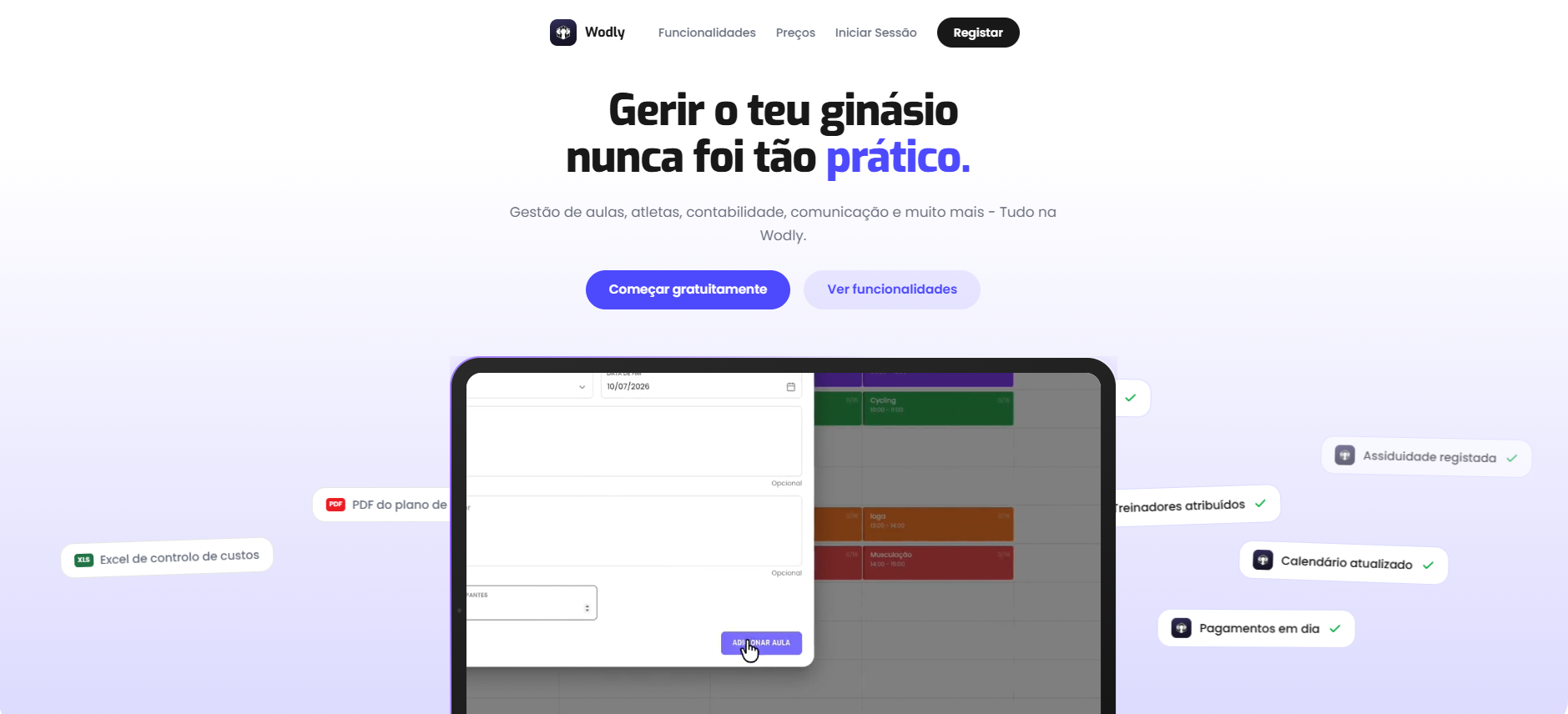 Wodly landing page, gym management made practical
