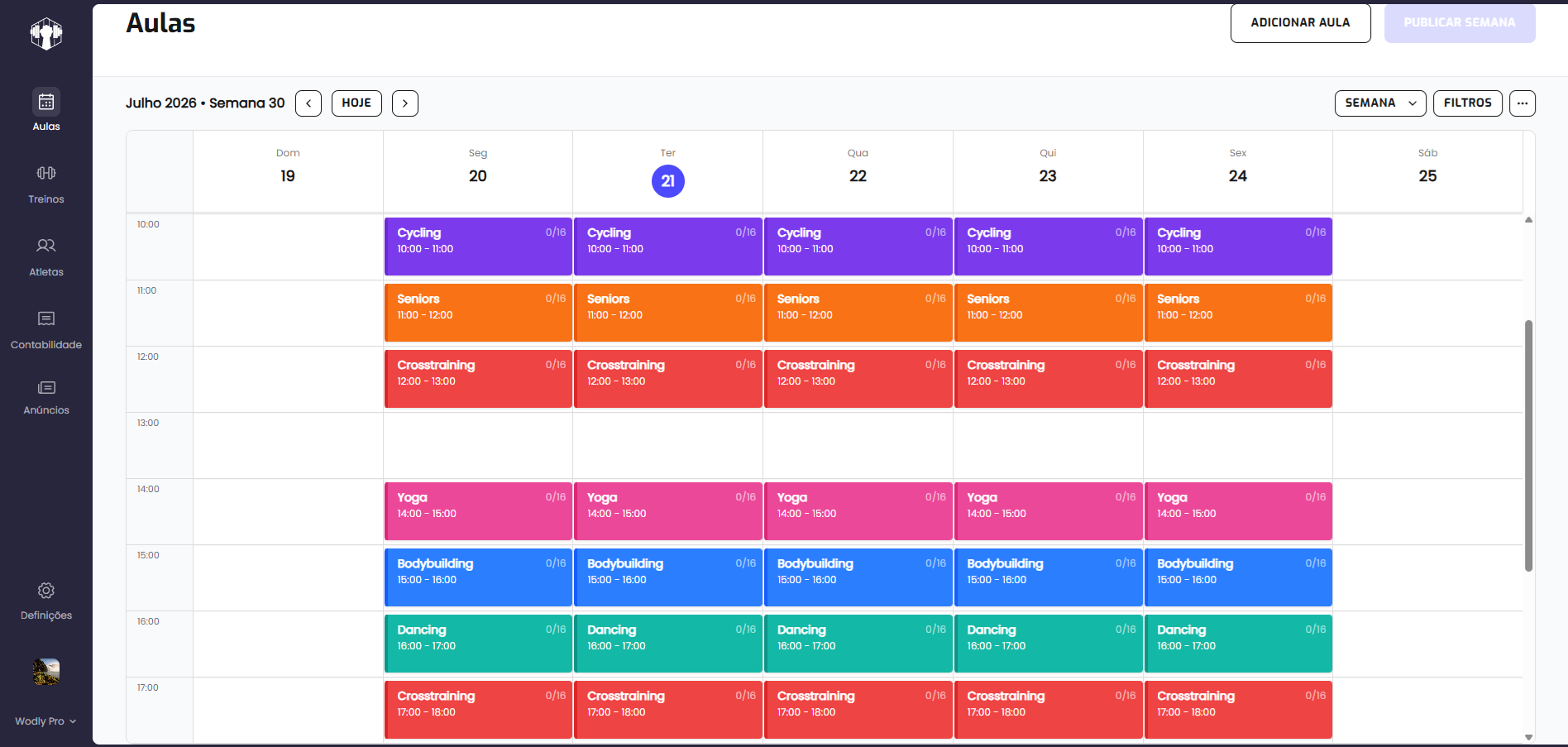 Wodly weekly class schedule dashboard