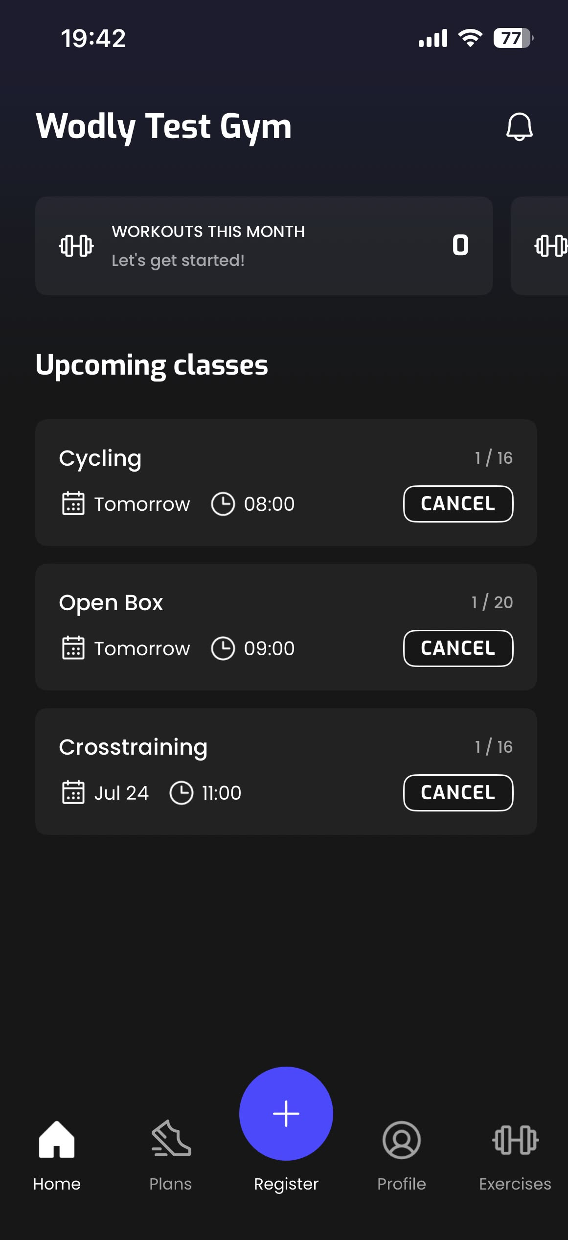 Wodly mobile app dashboard with upcoming classes